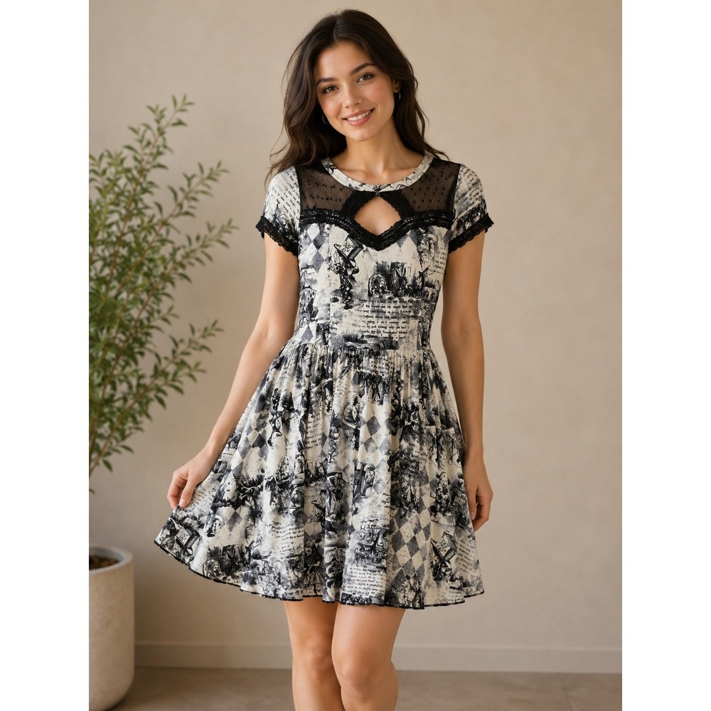 Hot Topic Alice In Wonderland Dress Womens M White Black Mad Hatter Mesh Lace